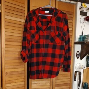 Columbia Red and Black Plaid Hooded Shirt